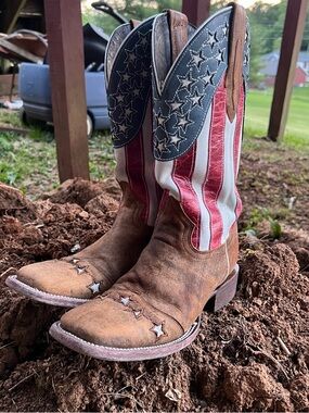J.B. Dillon Brown Cowboy Boots with Red White and Blue Flag Shaft